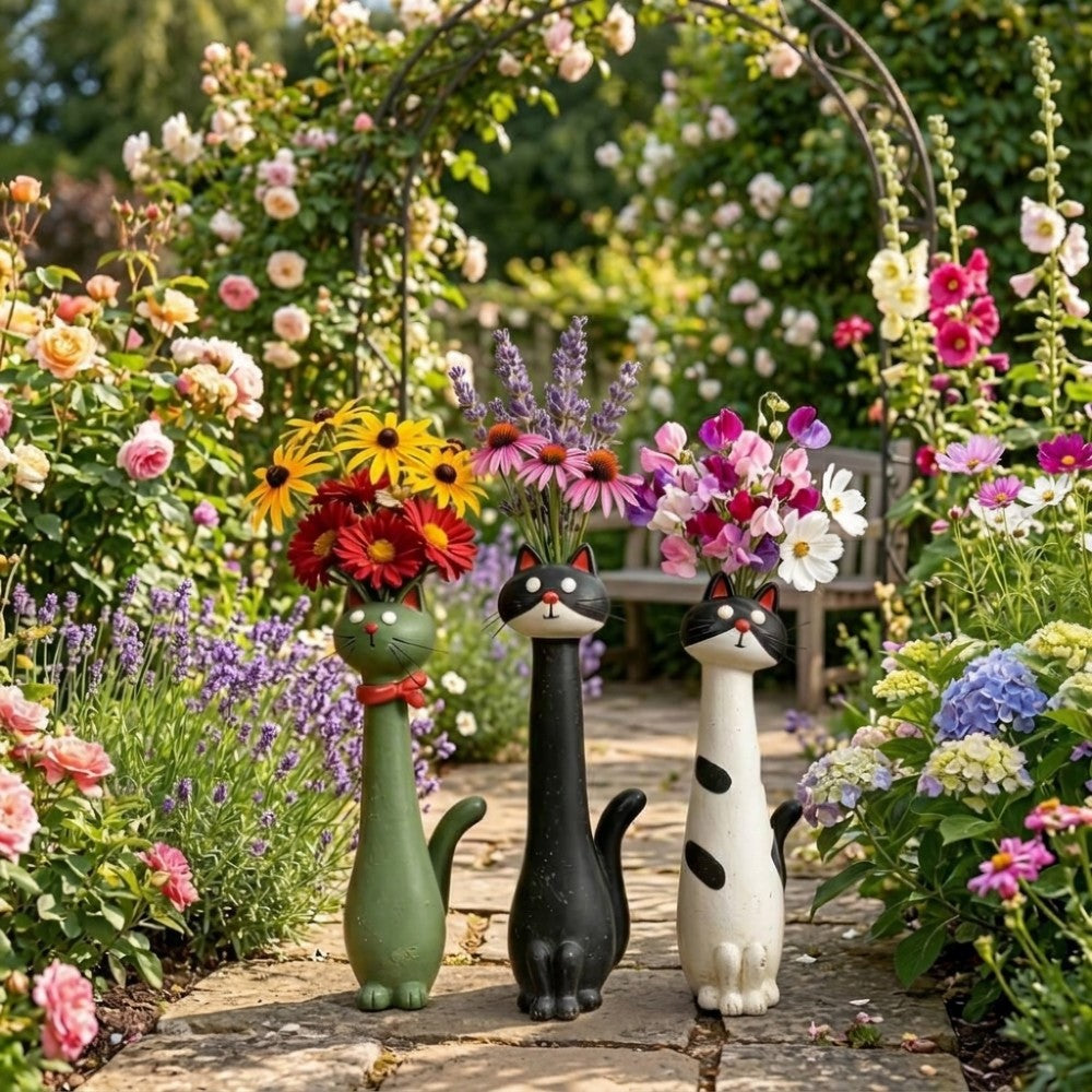 Handcrafted Polyresin Cat Flower Vase – Whimsical Tall Decorative Feline Planter for Home & Garden