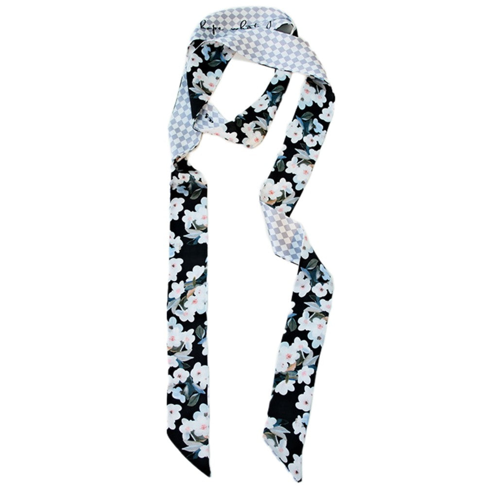 Satin Long Skinny Neck Scarf Necktie Headband Wrap Multi-Purpose Neckerchief - Floral Print