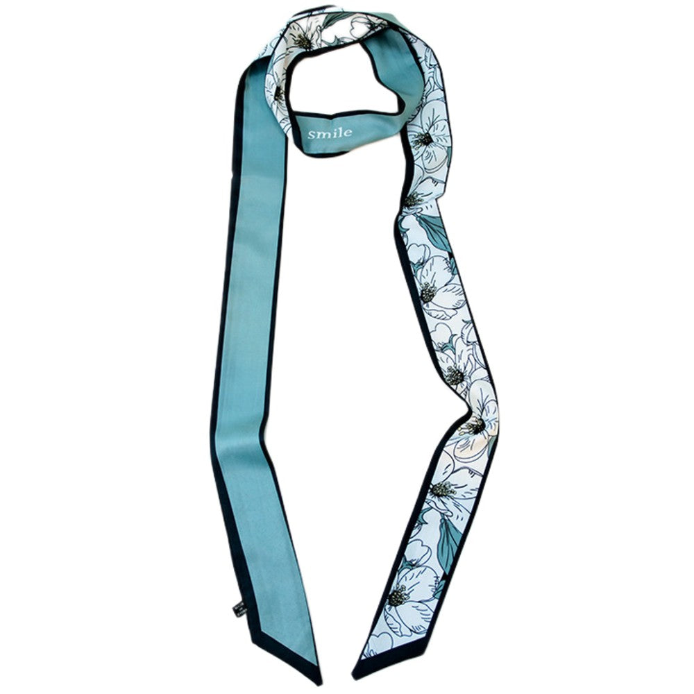 Satin Long Skinny Neck Scarf Necktie Headband Wrap Multi-Purpose Neckerchief - Floral Print