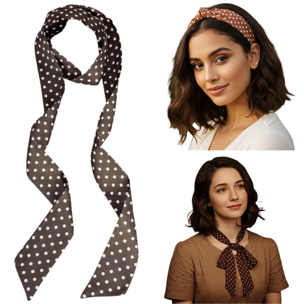 Satin Long Skinny Neck Scarf Necktie Headband Wrap Multi-Purpose Neckerchief - Polka Dots