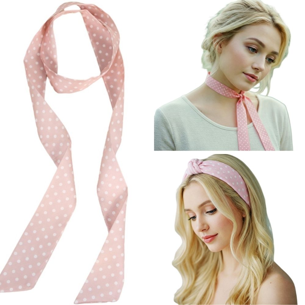 Satin Long Skinny Neck Scarf Necktie Headband Wrap Multi-Purpose Neckerchief - Polka Dots