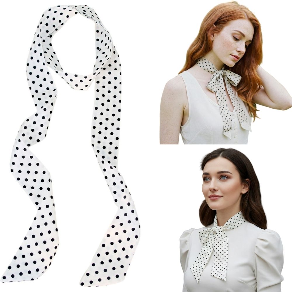 Satin Long Skinny Neck Scarf Necktie Headband Wrap Multi-Purpose Neckerchief - Polka Dots