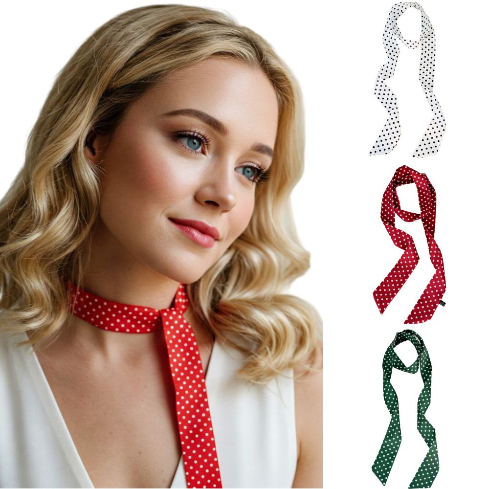 3 Pack Satin Skinny Neck Scarf Elegant Headband Wrap Lightweight Bandana - Polka Dots