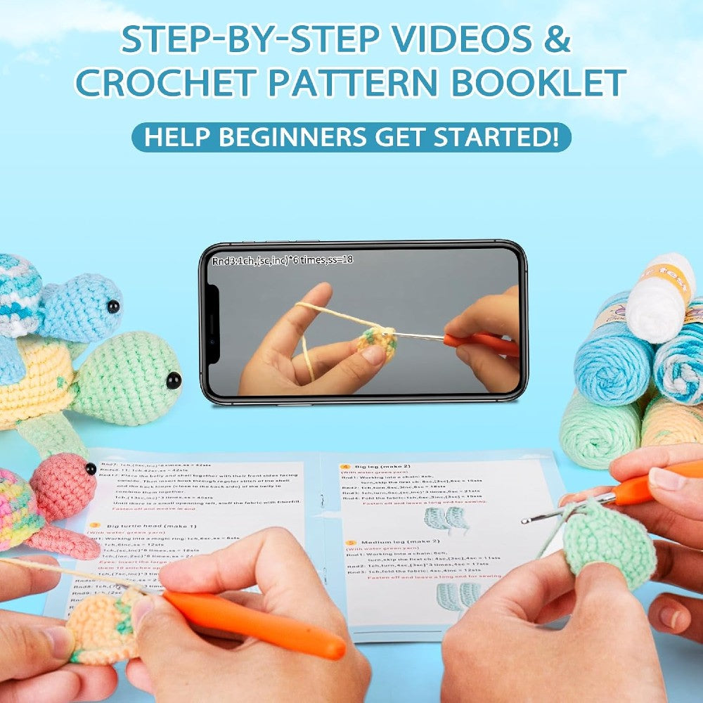 Beginner Crochet Kit - DIY Turtles Craft Set for Adults & Kids Includes Pattern Yarn Crochet Hook & Supplies
