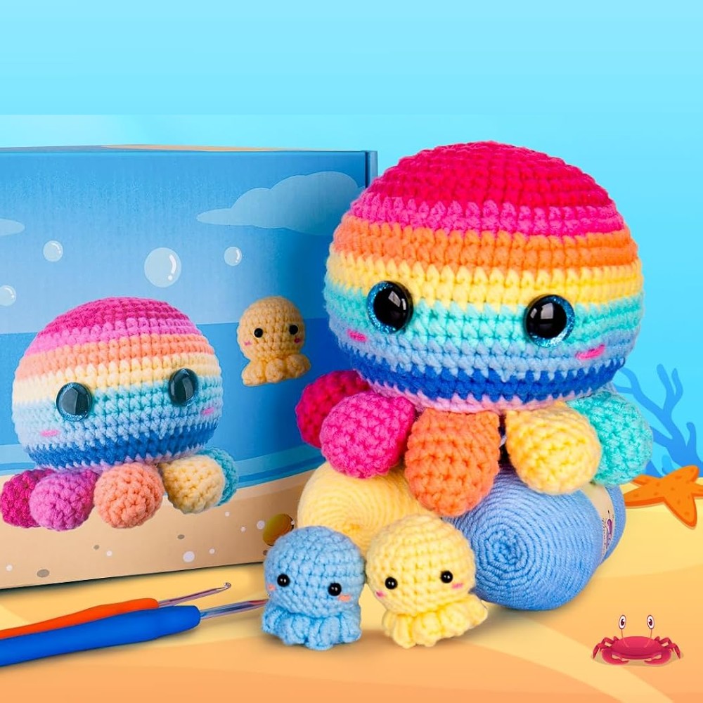 Beginner Crochet Kit - DIY Octopus Craft Set for Adults & Kids Includes Pattern Yarn Crochet Hook & Supplies