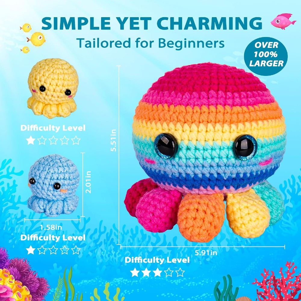 Beginner Crochet Kit - DIY Octopus Craft Set for Adults & Kids Includes Pattern Yarn Crochet Hook & Supplies