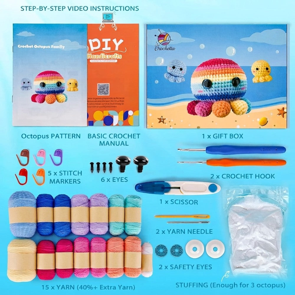 Beginner Crochet Kit - DIY Octopus Craft Set for Adults & Kids Includes Pattern Yarn Crochet Hook & Supplies