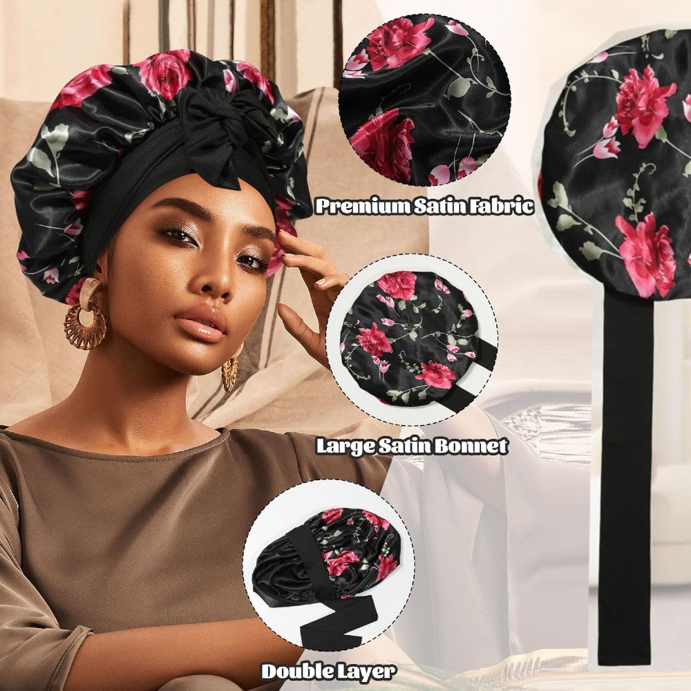 Satin Floral Sleep Bonnet with Big Bow Hair Protection Cap  display picture 1