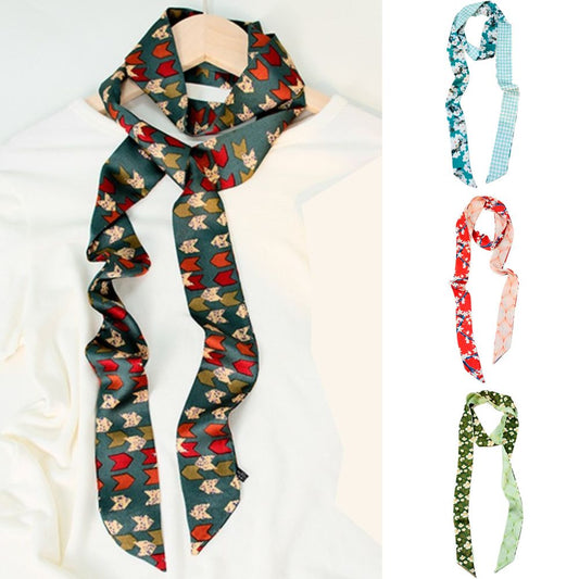 Satin Long Skinny Neck Scarf Necktie Headband Wrap Multi-Purpose Neckerchief - Floral Print