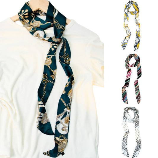 Satin Long Skinny Neck Scarf Necktie Headband Wrap Multi-Purpose Neckerchief - Geometric Print