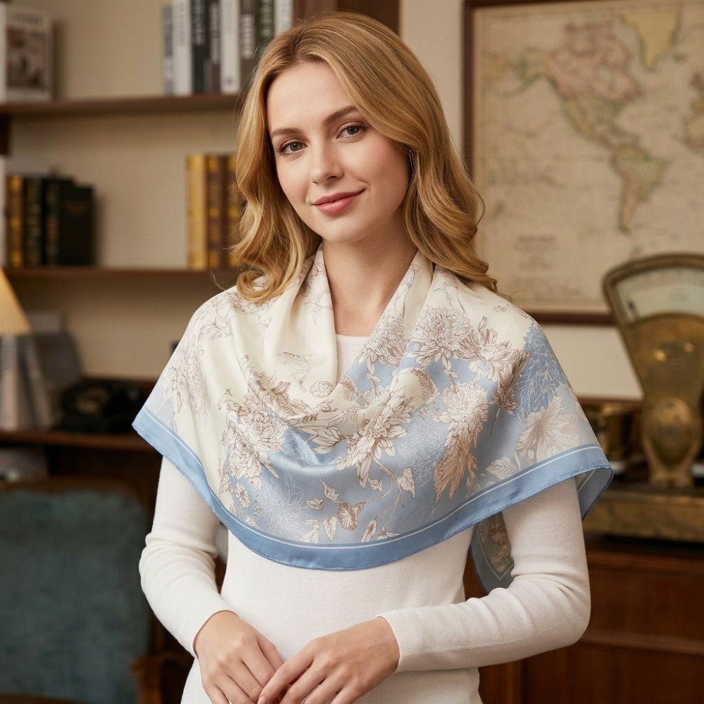 100% Mulberry Silk Square Scarf 16 Momme Floral Printed Lightweight Botanical Neck Scarf 68x68cm
