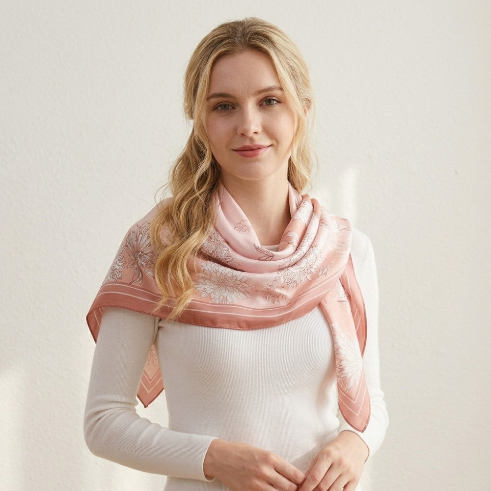 100% Mulberry Silk Square Scarf 16 Momme Floral Printed Lightweight Botanical Neck Scarf 68x68cm