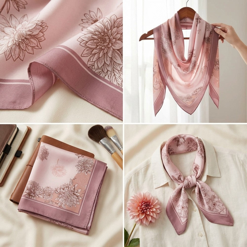 100% Mulberry Silk Square Scarf 16 Momme Floral Printed Lightweight Botanical Neck Scarf 68x68cm