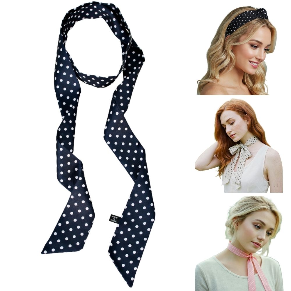 Satin Long Skinny Neck Scarf Necktie Headband Wrap Multi-Purpose Neckerchief - Polka Dots