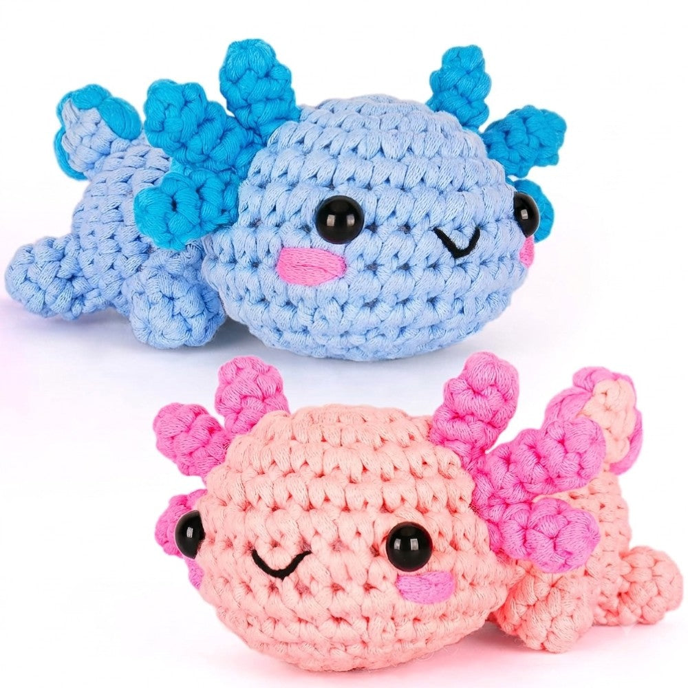 Beginner Crochet Kit - DIY Axolotl Craft Set for Adults & Kids Includes Blue & Pink Yarn Crochet Hook & Supplies