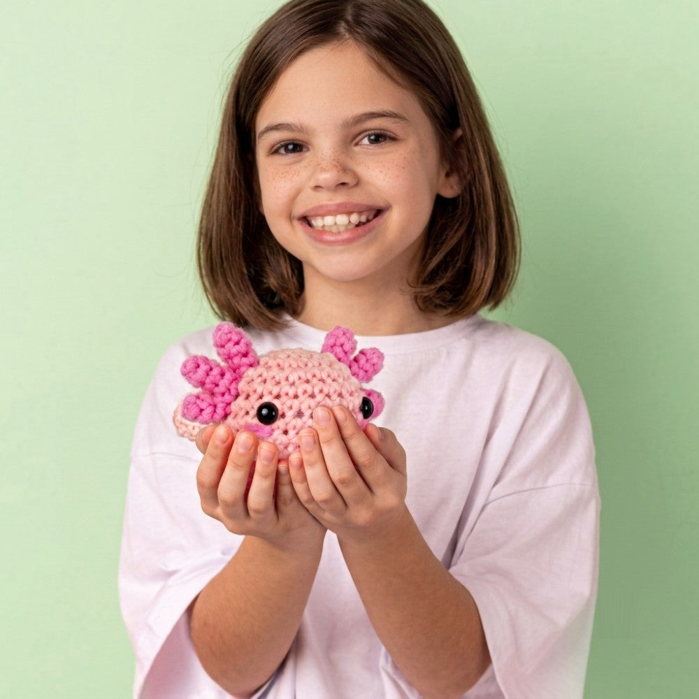 Beginner Crochet Kit - DIY Axolotl Craft Set for Adults & Kids Includes Blue & Pink Yarn Crochet Hook & Supplies