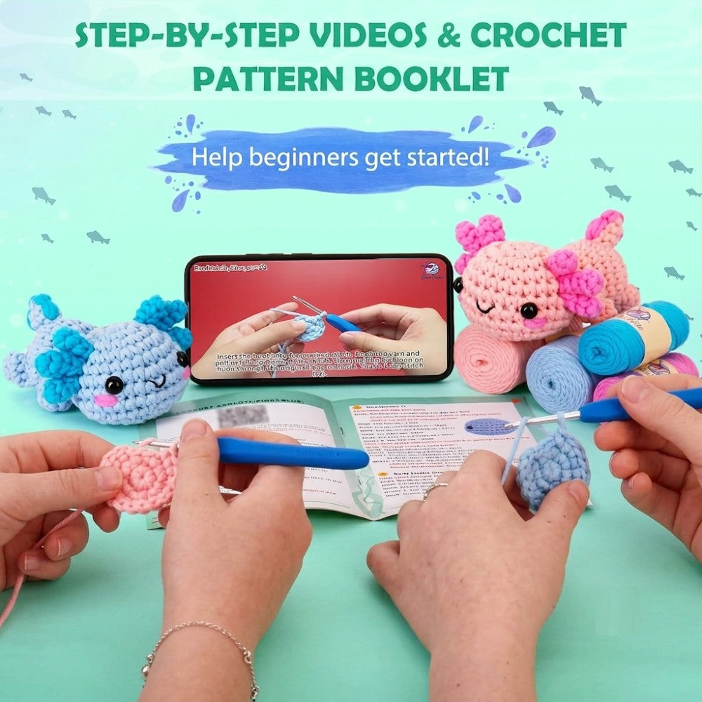Beginner Crochet Kit - DIY Axolotl Craft Set for Adults & Kids Includes Blue & Pink Yarn Crochet Hook & Supplies