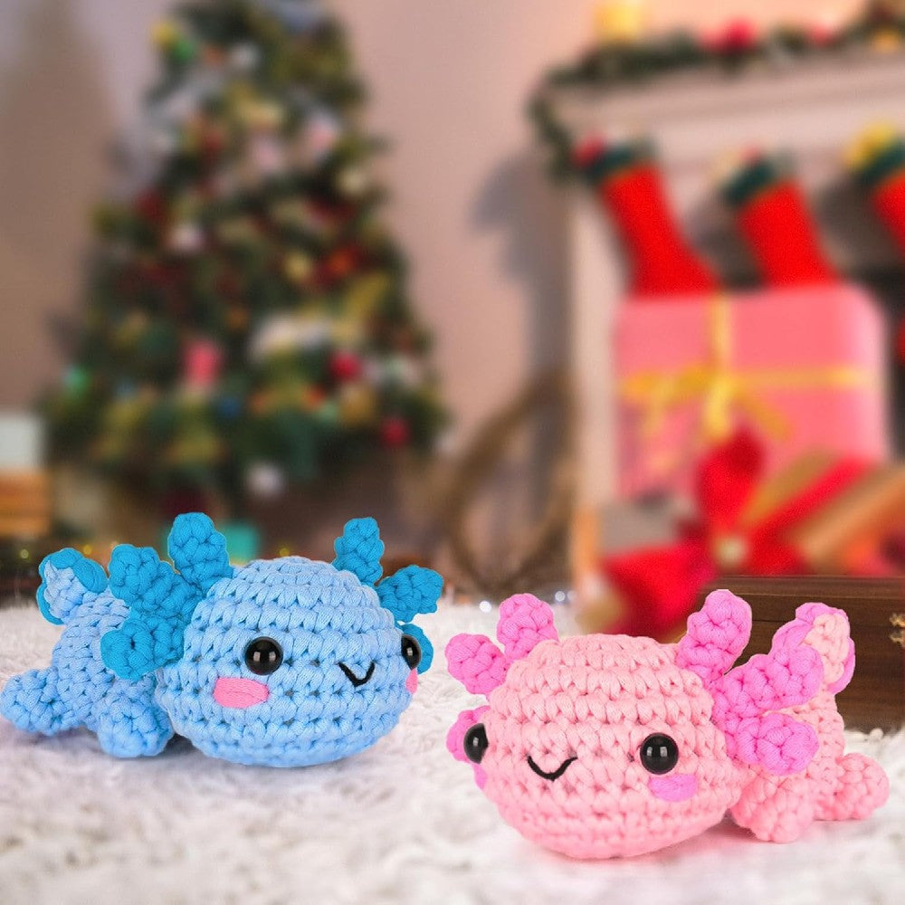 Beginner Crochet Kit - DIY Axolotl Craft Set for Adults & Kids Includes Blue & Pink Yarn Crochet Hook & Supplies