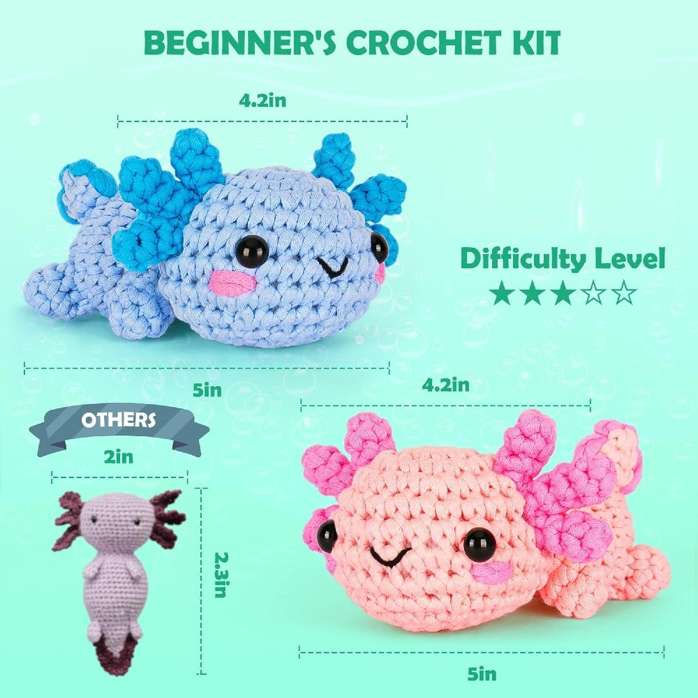 Beginner Crochet Kit - DIY Axolotl Craft Set for Adults & Kids Includes Blue & Pink Yarn Crochet Hook & Supplies