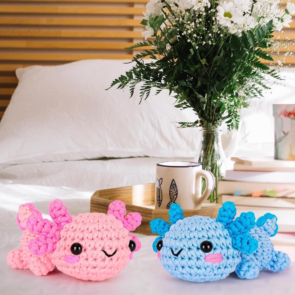 Beginner Crochet Kit - DIY Axolotl Craft Set for Adults & Kids Includes Blue & Pink Yarn Crochet Hook & Supplies
