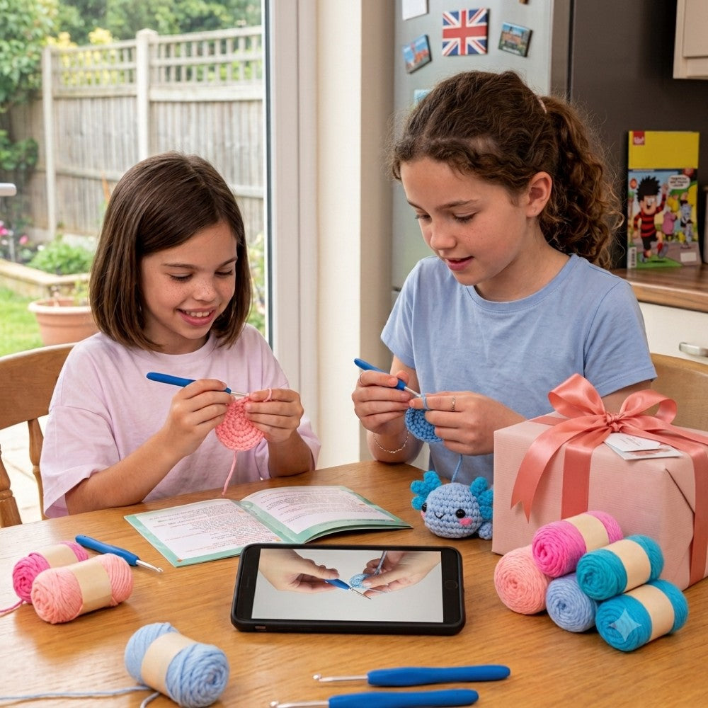 Beginner Crochet Kit - DIY Axolotl Craft Set for Adults & Kids Includes Blue & Pink Yarn Crochet Hook & Supplies