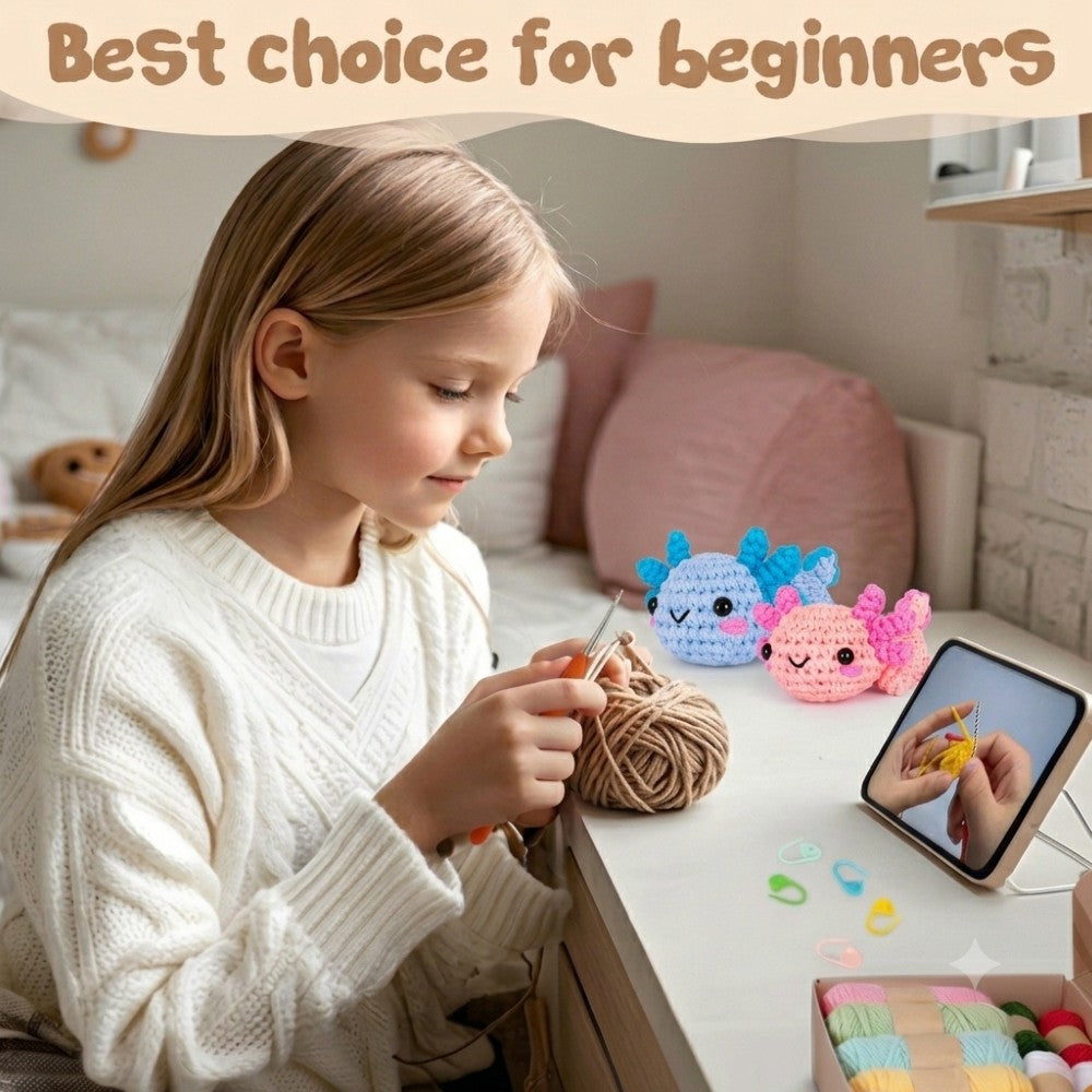 Beginner Crochet Kit - DIY Axolotl Craft Set for Adults & Kids Includes Blue & Pink Yarn Crochet Hook & Supplies