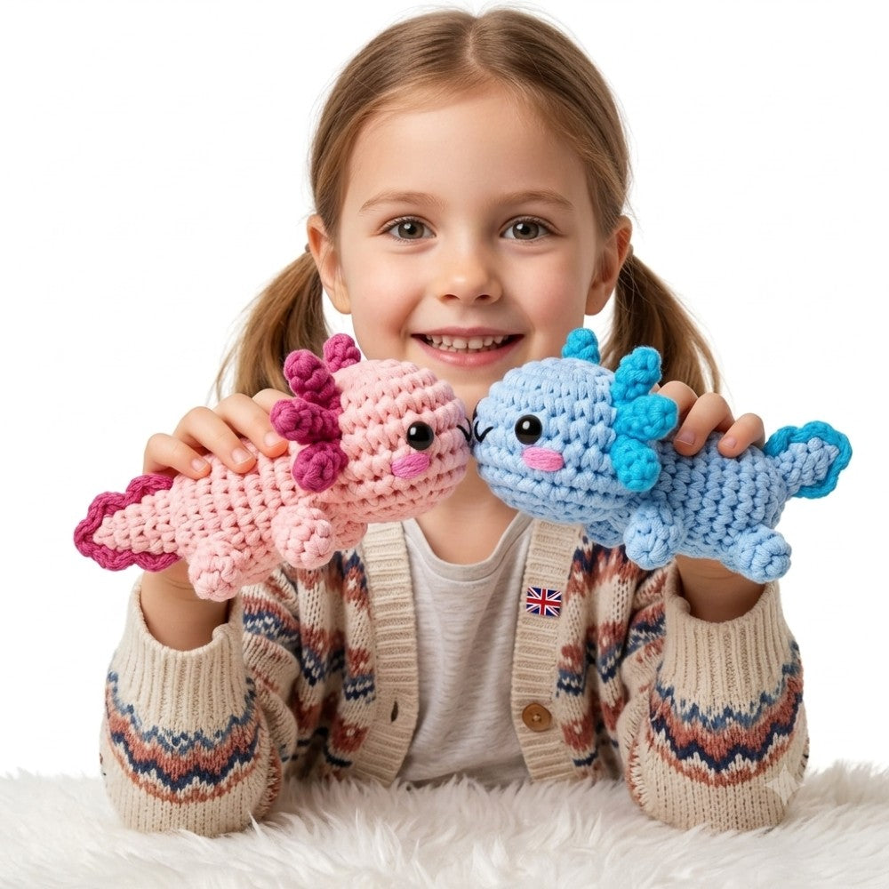 Beginner Crochet Kit - DIY Axolotl Craft Set for Adults & Kids Includes Blue & Pink Yarn Crochet Hook & Supplies