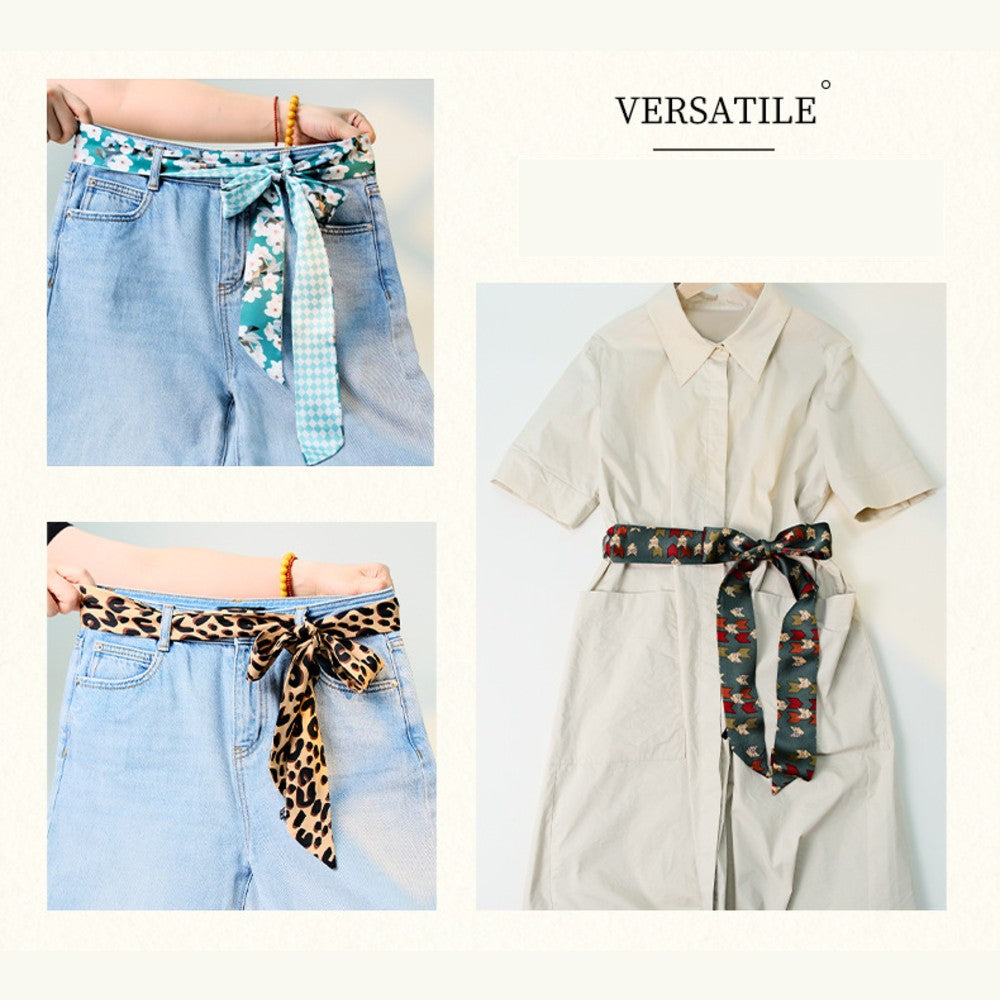 Satin Long Skinny Neck Scarf Necktie Headband Wrap Multi-Purpose Neckerchief - Geometric Print