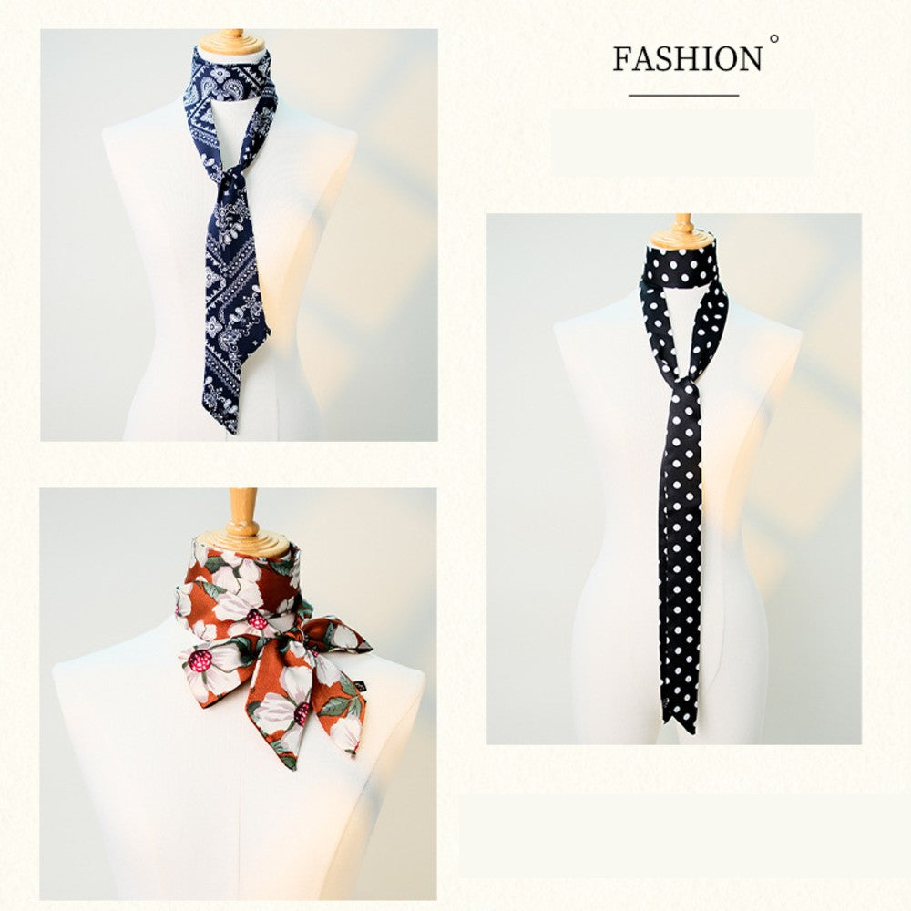 Satin Long Skinny Neck Scarf Necktie Headband Wrap Multi-Purpose Neckerchief - Geometric Print