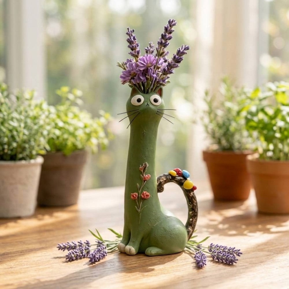 Handcrafted Polyresin Cat Flower Vase – Whimsical Tall Decorative Feline Planter for Home & Garden