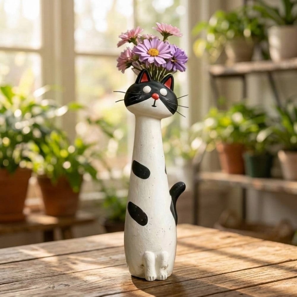 Handcrafted Polyresin Cat Flower Vase – Whimsical Tall Decorative Feline Planter for Home & Garden