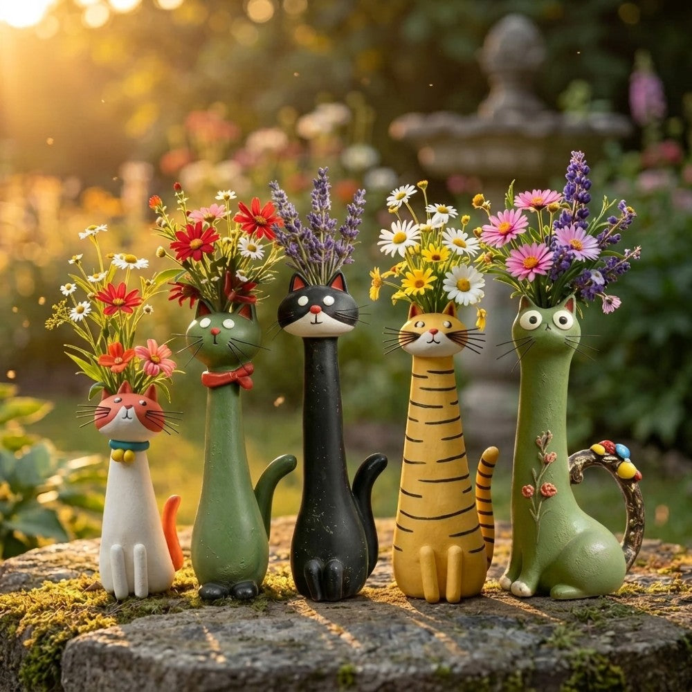 Handcrafted Polyresin Cat Flower Vase – Whimsical Tall Decorative Feline Planter for Home & Garden