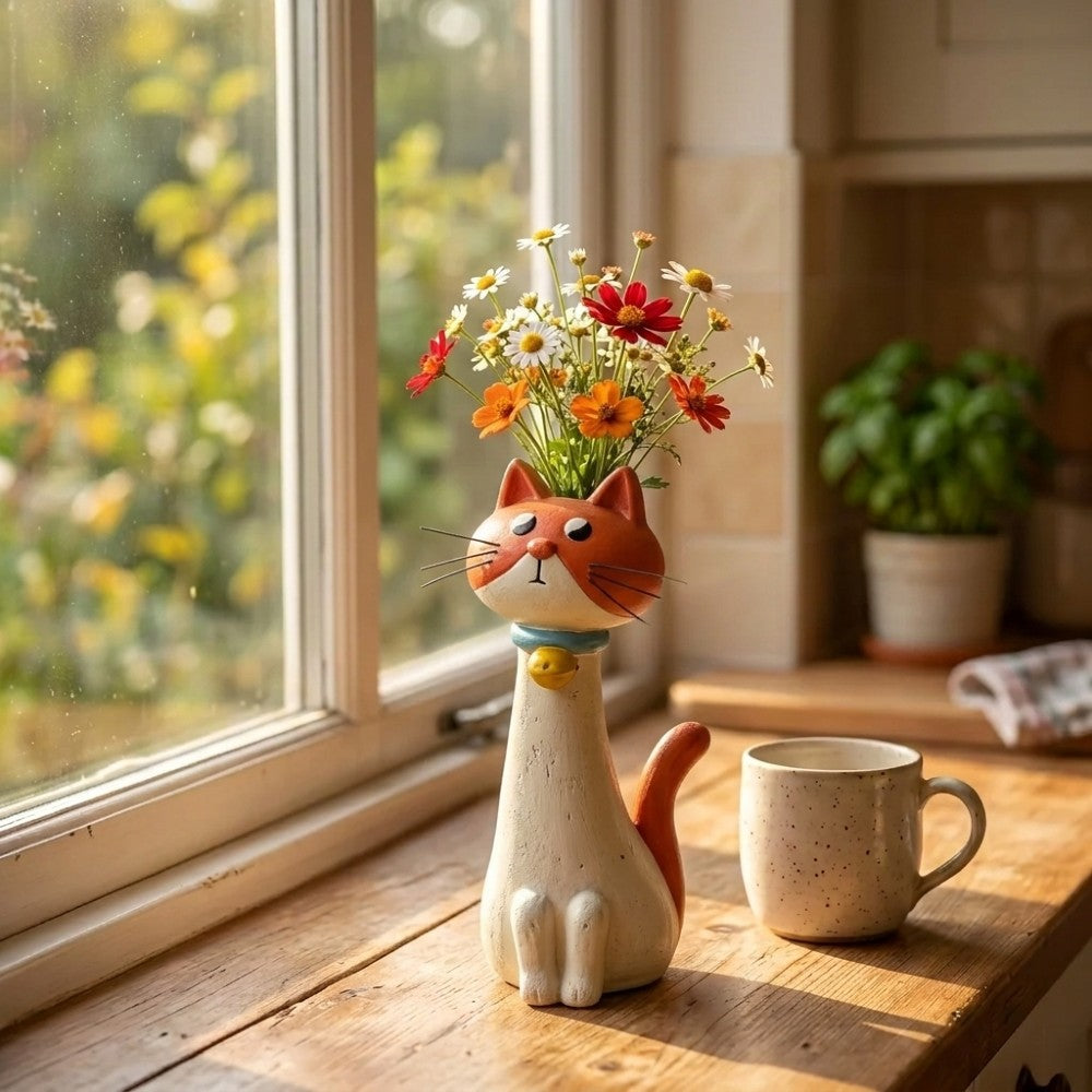 Handcrafted Polyresin Cat Flower Vase – Whimsical Tall Decorative Feline Planter for Home & Garden