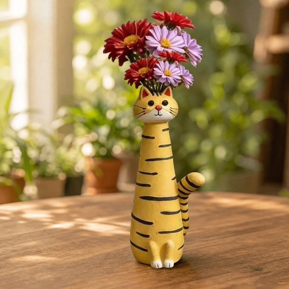Handcrafted Polyresin Cat Flower Vase – Whimsical Tall Decorative Feline Planter for Home & Garden