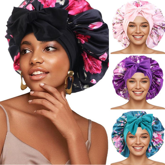 Satin Floral Sleep Bonnet with Big Bow Hair Protection Cap Luxurious Night Turban for All Hair Types