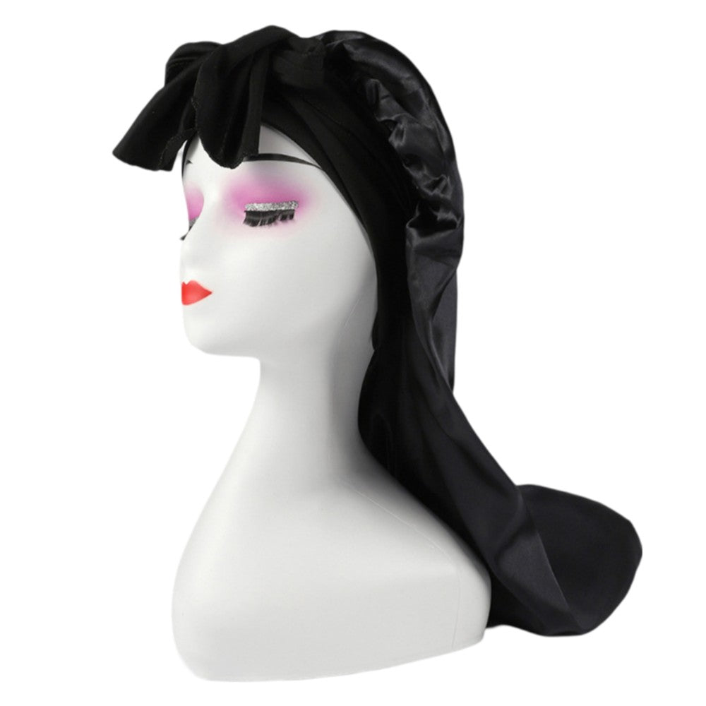 Satin Hair Bonnet for Long Curly Hair - Black