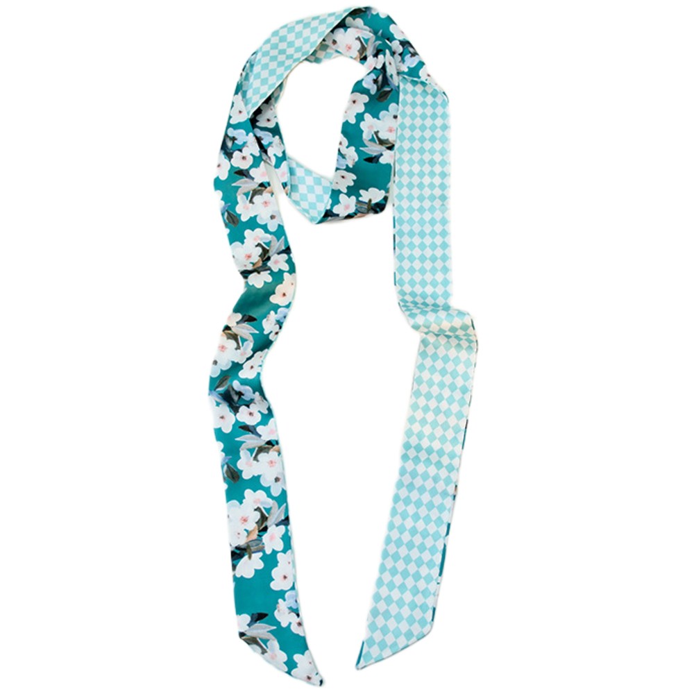 Satin Long Skinny Neck Scarf Necktie Headband Wrap Multi-Purpose Neckerchief - Floral Print