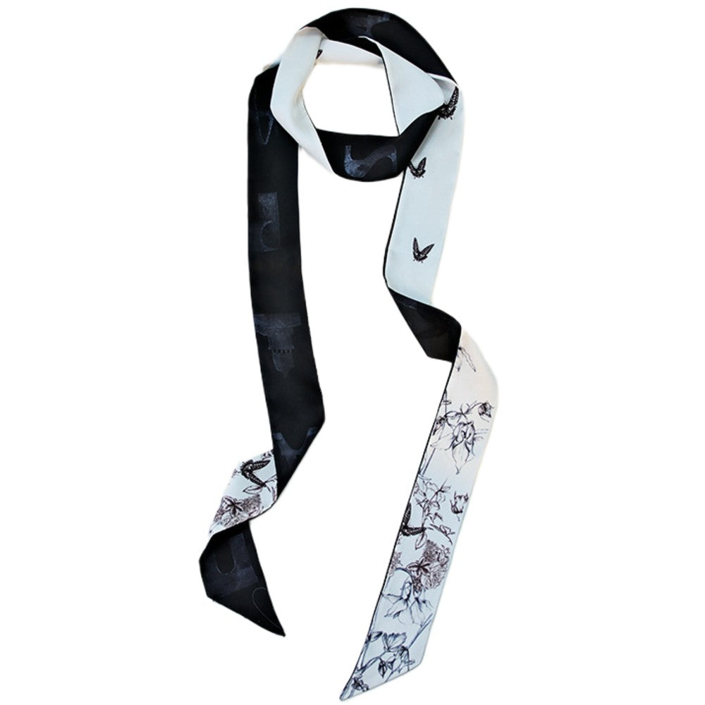 Satin Long Skinny Neck Scarf Necktie Headband Wrap Multi-Purpose Neckerchief - Floral Print