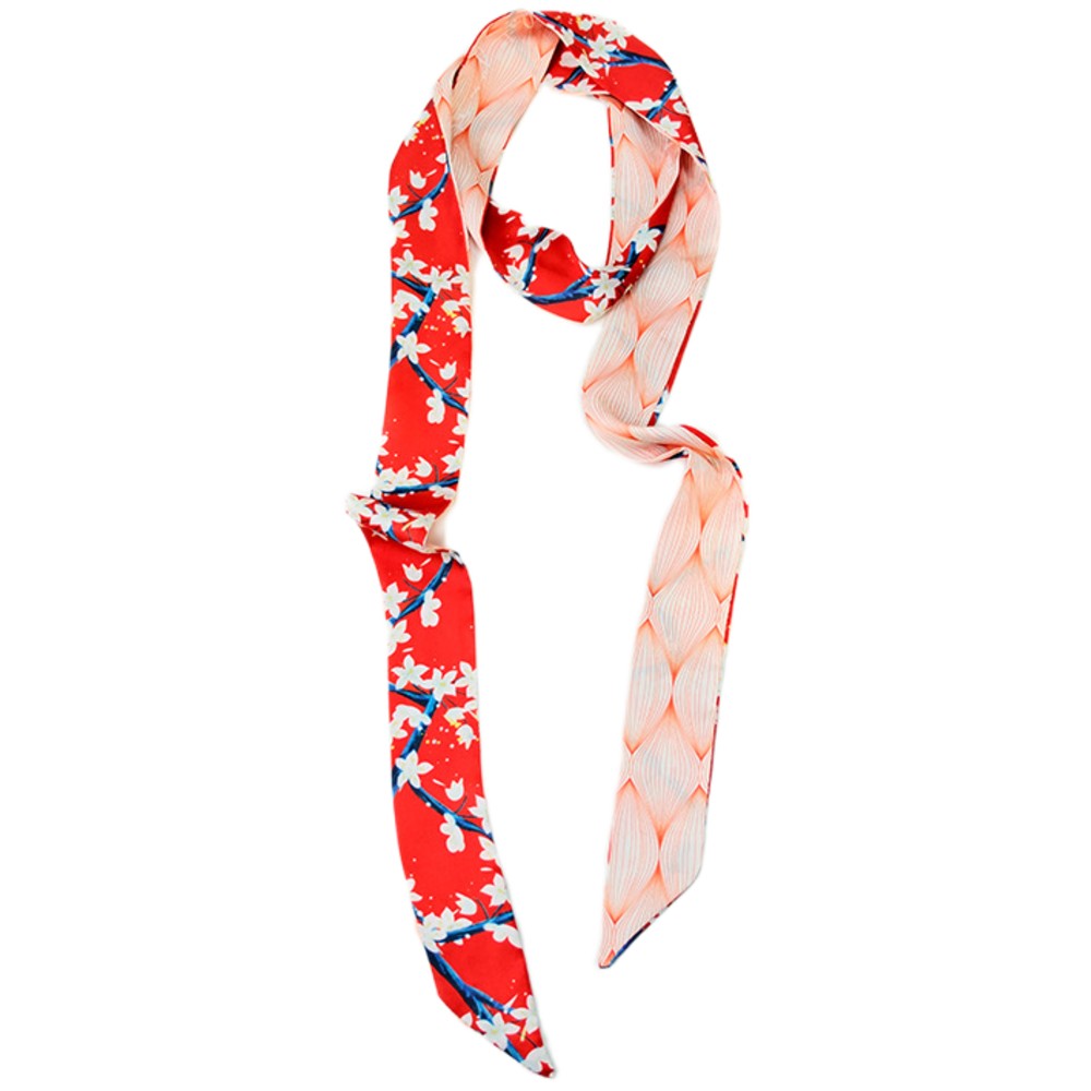 Satin Long Skinny Neck Scarf Necktie Headband Wrap Multi-Purpose Neckerchief - Floral Print