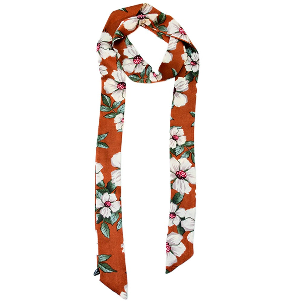 Satin Long Skinny Neck Scarf Necktie Headband Wrap Multi-Purpose Neckerchief - Floral Print