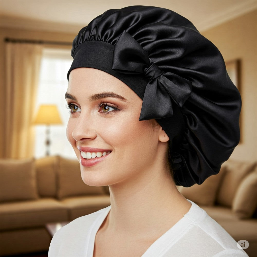 Silky Satin Sleep Bonnet with Cute Bow Protect Hair Reduce Breakage Nighttime Headwear for Women - Black