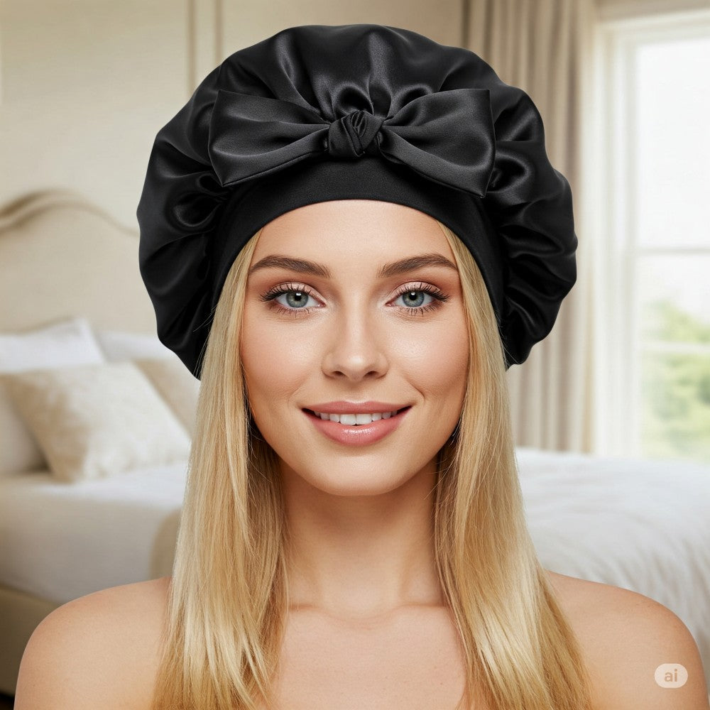 Silky Satin Sleep Bonnet with Cute Bow Protect Hair Reduce Breakage Nighttime Headwear for Women - Black