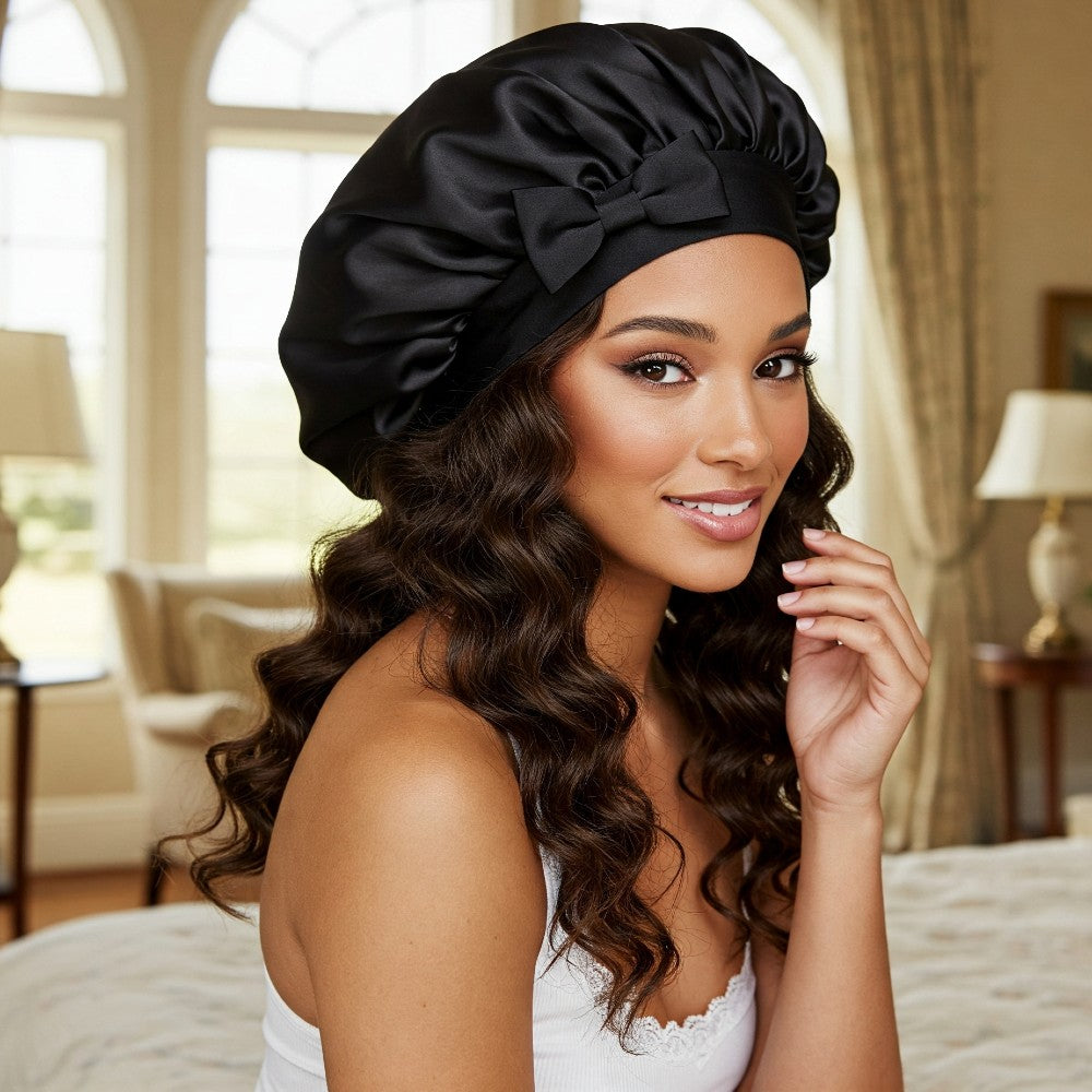 Silky Satin Sleep Bonnet with Cute Bow Protect Hair Reduce Breakage Nighttime Headwear for Women - Black