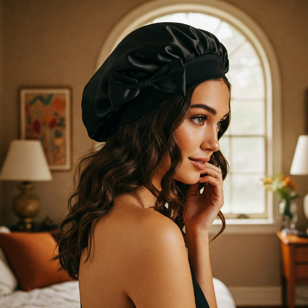 Silky Satin Sleep Bonnet with Cute Bow Protect Hair Reduce Breakage Nighttime Headwear for Women - Black