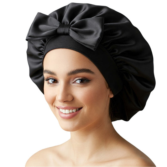 Silky Satin Sleep Bonnet with Cute Bow Protect Hair Reduce Breakage Nighttime Headwear for Women - Black