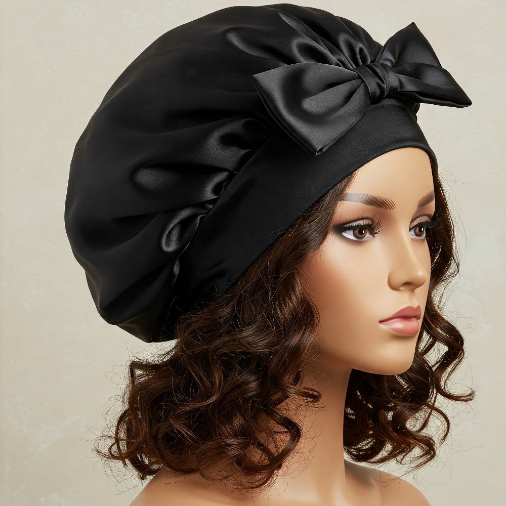 Silky Satin Sleep Bonnet with Cute Bow Protect Hair Reduce Breakage Nighttime Headwear for Women - Black