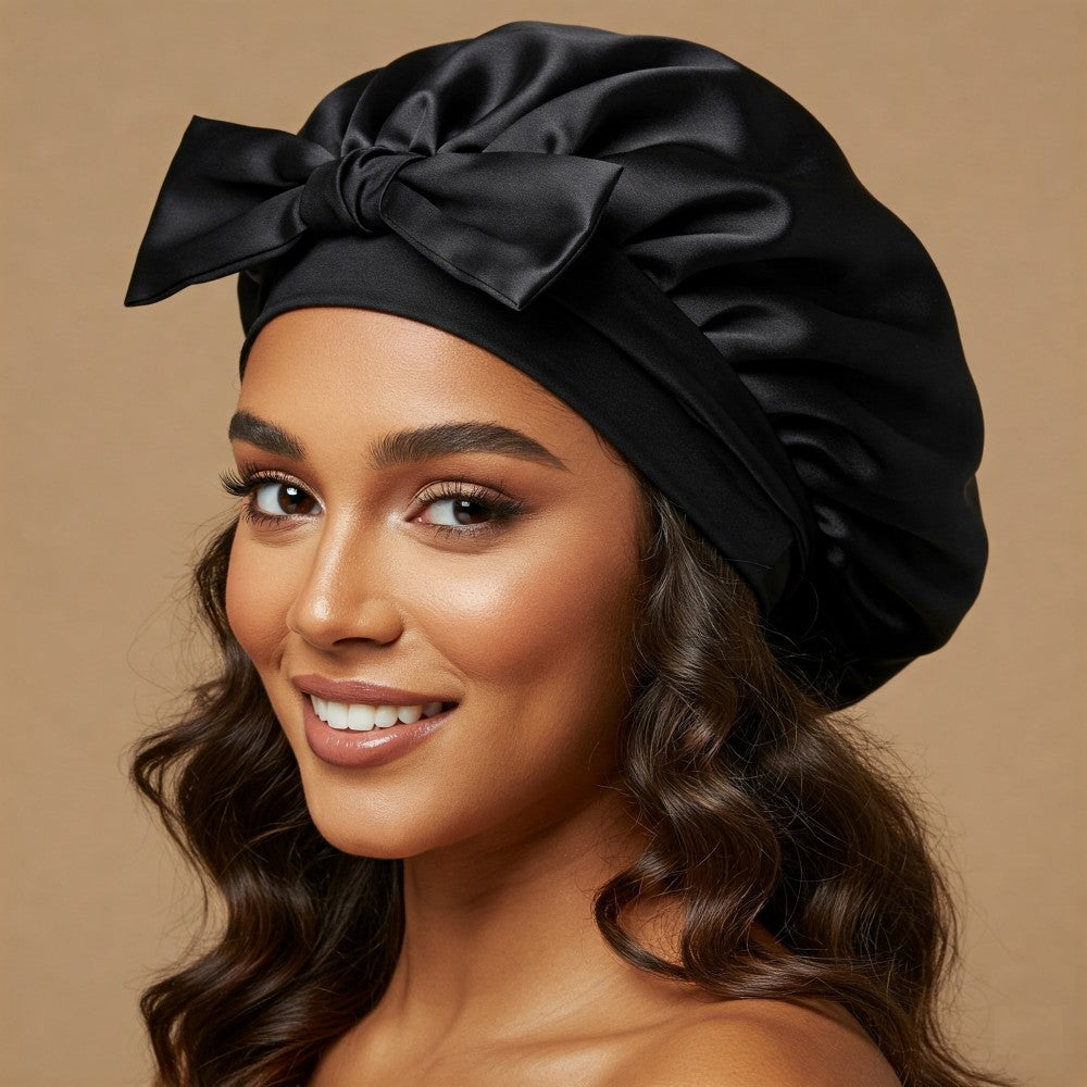 Silky Satin Sleep Bonnet with Cute Bow Protect Hair Reduce Breakage Nighttime Headwear for Women - Black