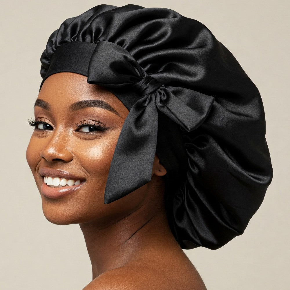 Silky Satin Sleep Bonnet with Cute Bow Protect Hair Reduce Breakage Nighttime Headwear for Women - Black