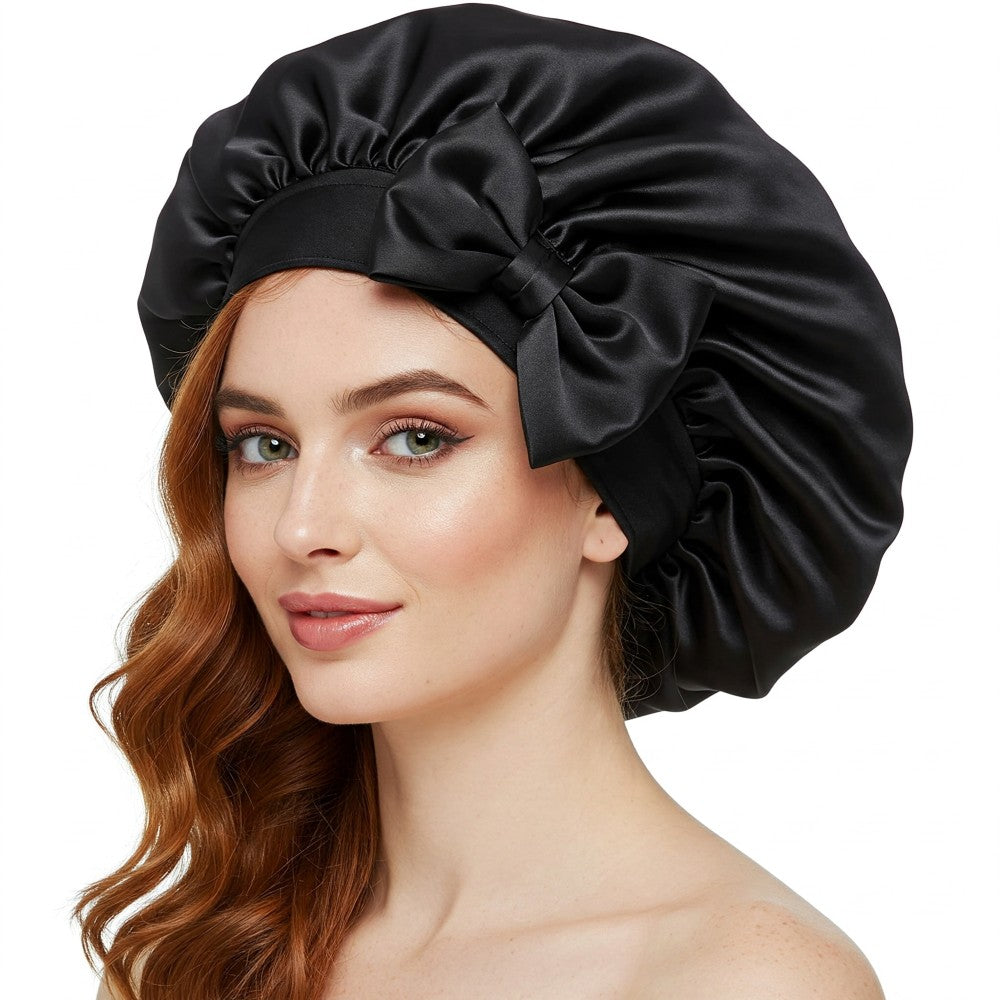 Silky Satin Sleep Bonnet with Cute Bow Protect Hair Reduce Breakage Nighttime Headwear for Women - Black