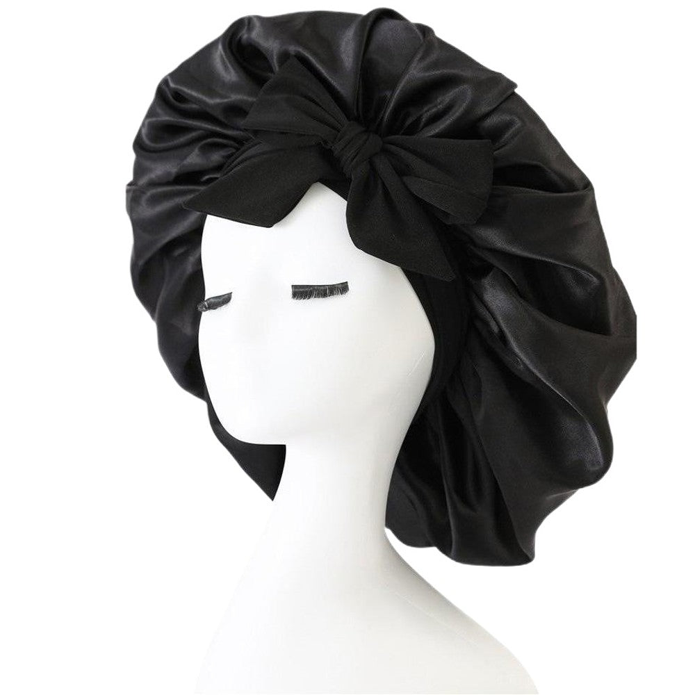 Silky Satin Sleep Bonnet with Cute Bow Protect Hair Reduce Breakage Nighttime Headwear for Women - Black